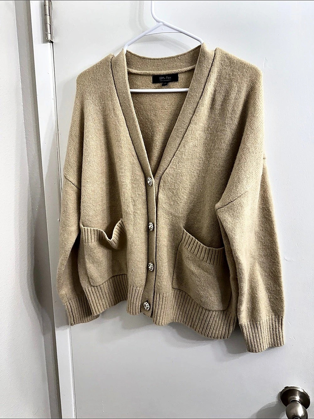 Witty Fox Rhinestone Button Cardigan in Beige Large Like New